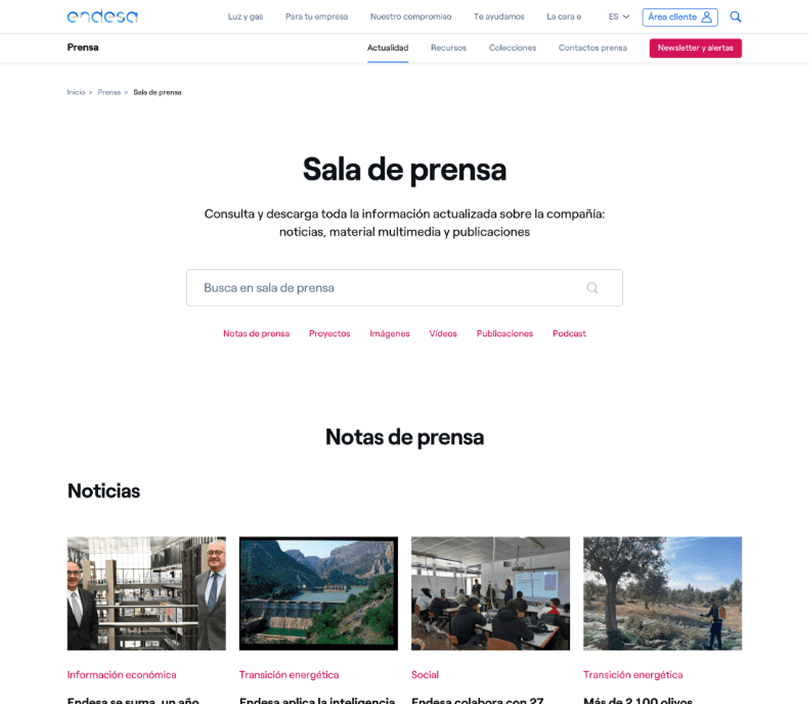 Endesa press room sitewide search bar