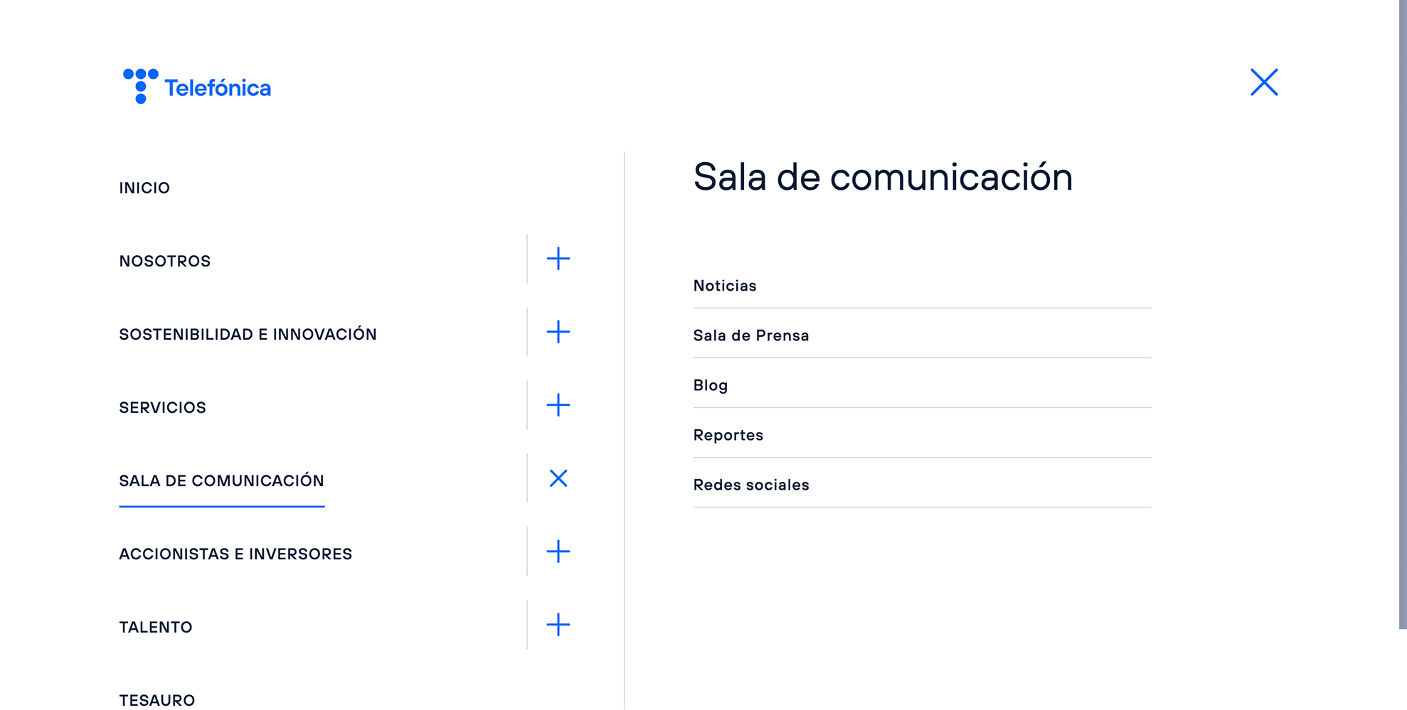 Telefónica press room mega menu navigation